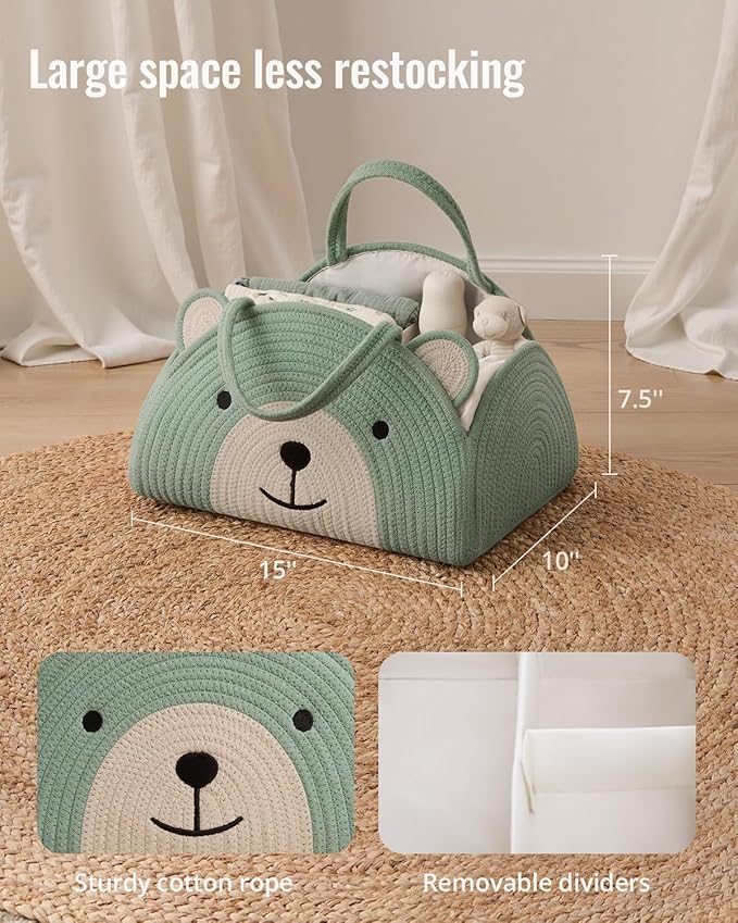 Blissful Diary Baby Diaper Caddy Organizer, Cotton Rope Diaper Caddy Basket, Large Storage Basket, Gift for Baby Shower, Newborn Essentials, Bear Roman Green-Ruum Studio Home