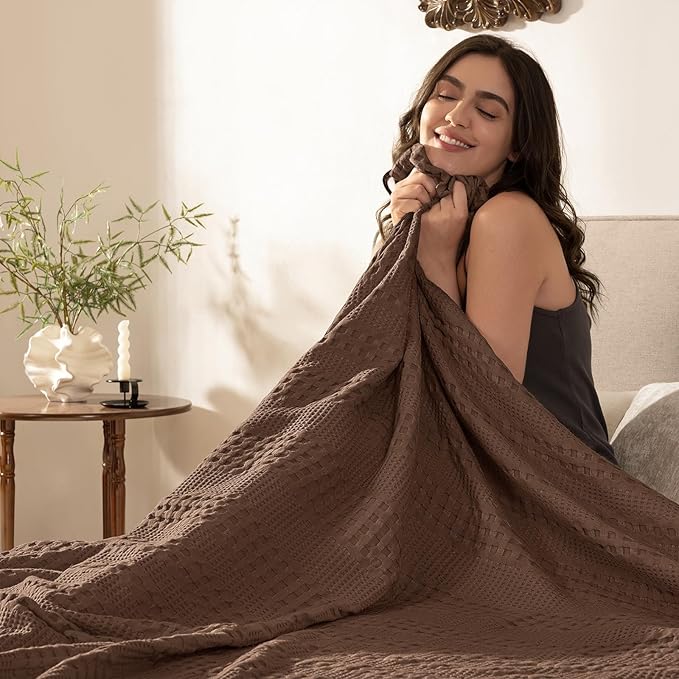 PHF Cooling Waffle Blanket Twin Size, Lightweight 60% Rayon Derived from Bamboo & 40% Cotton Breathable Blanket for Hot Sleepers, Soft and Luxury for Bed Couch and Sofa, 66"x90", Cocoa Brown-Ruum Studio Home