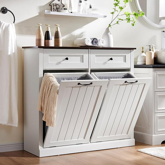 Double Tilt Out Laundry Hamper Cabinet, 20 Gallon Farmhouse Trash Can Cabinet with Drawer, Hidden Wood Garbage Can Bin Cabinets with Laundry Storage Basket for Bathroom, Kitchen (Antique White)-Ruum Studio Home