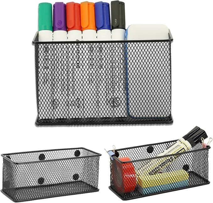 Neudeco Locker Shelf Organizer, Magnetic Pencil Holder, Metal Storage Basket for Whiteboard, Refrigerator, Ideal Cabinet for School, Black (Pack 3M)-Ruum Studio Home
