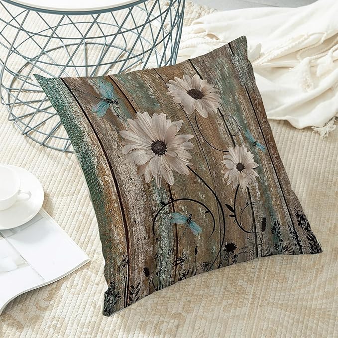 CXMEIFLY Spring Floral Pillow Covers 18 x 18 Inch Set of 2 for Brown Wood Texture Daisy Flowers Decor Throw Pillows Dragonfly Plant Floral Outdoor Decorative Cushion Cases for Couch Bed Decorations-Ruum Studio Home