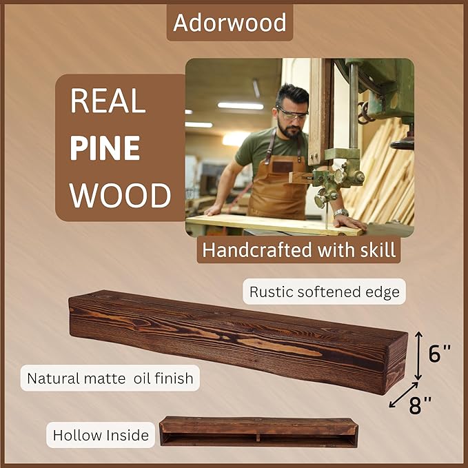 Handmade Fireplace Mantel Shelf 48", Extra Wide Rustic Wood Mantles for Over Fireplace, Wall Mounted Floating Mantel Shelves for Living Room Decor (Light Walnut, 48Lx6Hx8D)-Ruum Studio Home