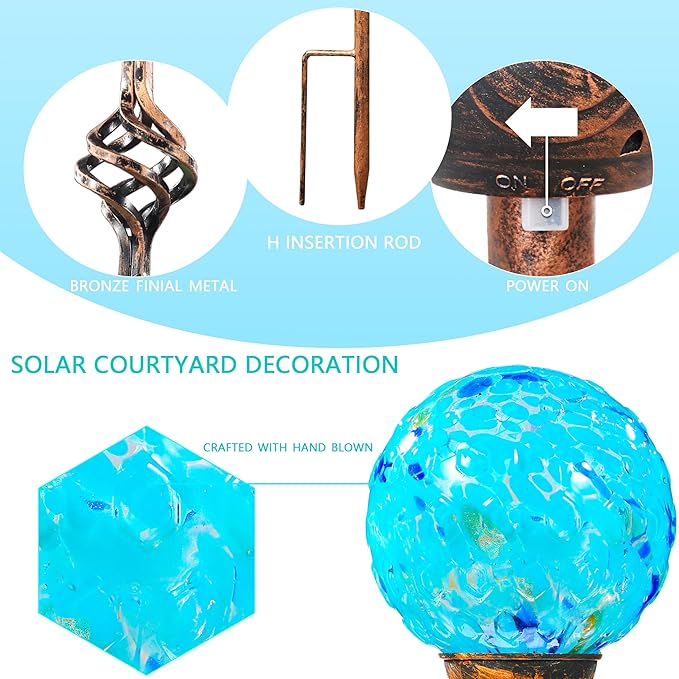 Garden Solar Lights, Decorative LED Honeycomb Glass Ball Garden Stake, Glass and Metal Outdoor Decoration, 4 x 31 Inch (Light Blue)-Ruum Studio Home