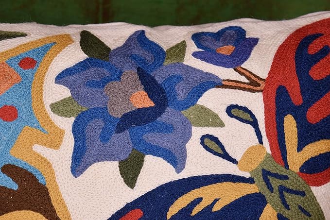 Butterfly Floral Decorative Pillow Cover Moth Botanical Flower Pillowcase Couch Hand Embroidered Flowery Outdoor Cushion Chair Suzani Accent Wool 18x18 Inch-Ruum Studio Home