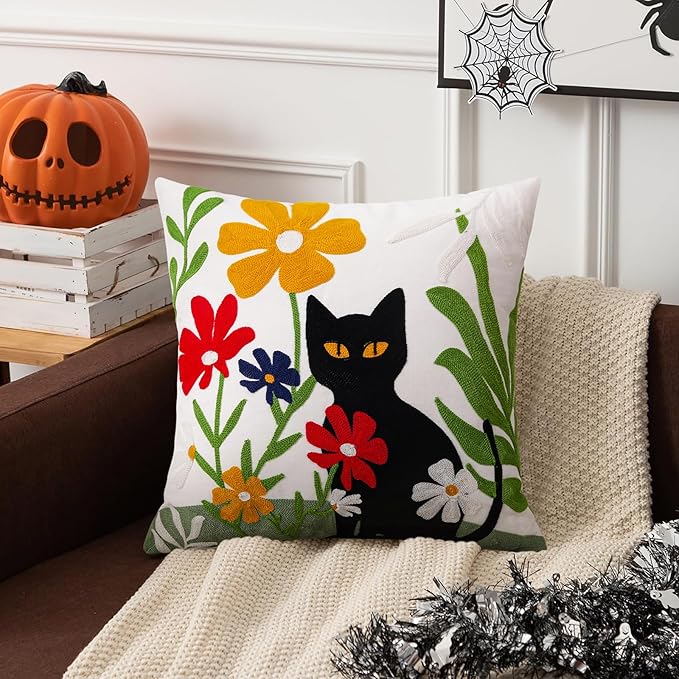 Merrycolor Embroidered Pillow Covers 18x18 Black Cat and Flower Pattern Halloween Decorative Throw Pillow Covers Comfortable Cotton Canvas Square Couch Cushion Cases for Sofa Bed Living Room Decor-Ruum Studio Home