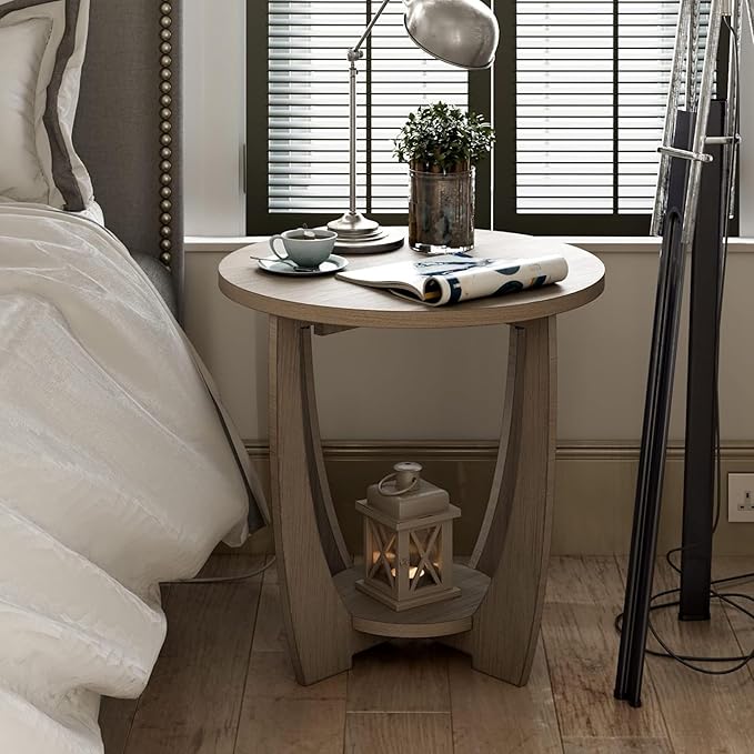 Rustic Farmhouse End Table with Storage Shelf, French Country Accent Side Table for Family, Dinning or Living Room, Small Spaces, Modern, Round, Vintage Grey Finish-Ruum Studio Home