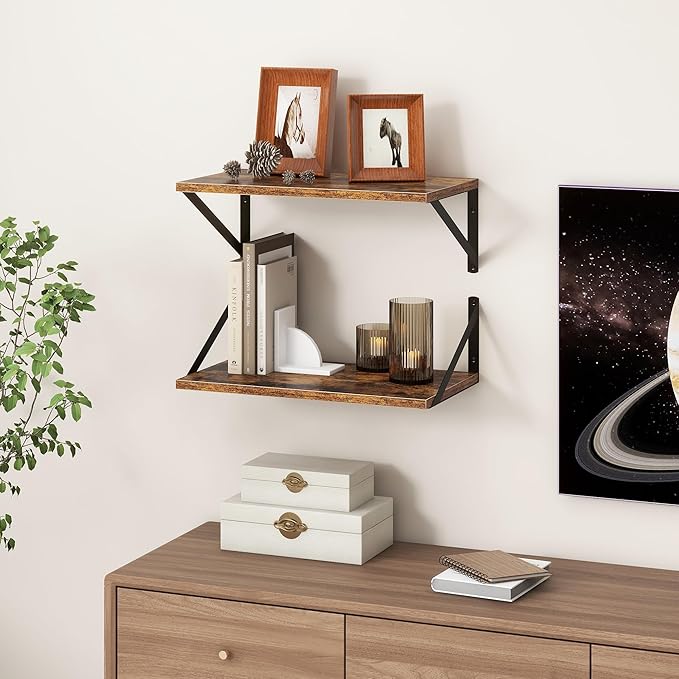 18"W x10"D Floating Shelves, Farmhouse Wall Shelves Home Decor Shelf, Deep Bathroom Shelves with Bracket, 10 Inch Deep Wall Shelf for Living Room, Kitchen, Bedroom, Rustic Brown, Set of 2-Ruum Studio Home