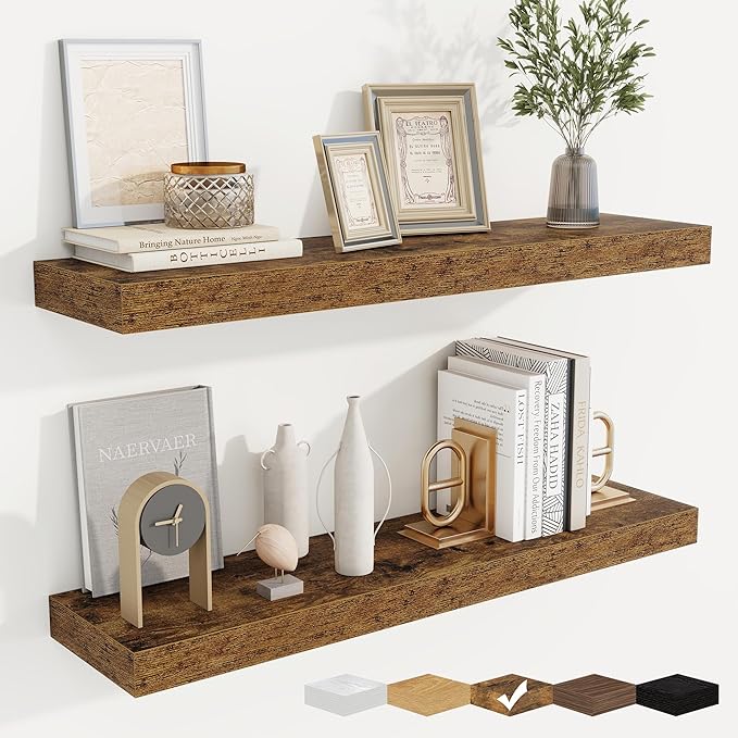 fuqing Floating Shelves for Wall, Bathroom Shelf Wall Mounted for Storage, Shelves with Invisible Bracket for Bedroom, Kitchen, Living Room, Farmhouse Small Book Shelf, 32 Inch Set of 2, Rustic Brown-Ruum Studio Home