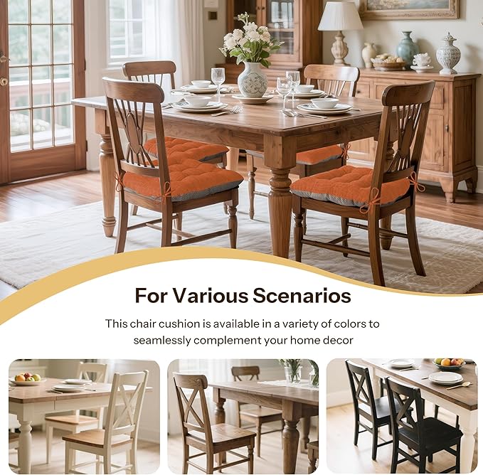 Non Slip Chair Cushions for Dining Chairs Set of 4 Kitchen Chair Cushions 18"x18"x3" Turfted Chair Pads Comfortable and Soft Seat Cushion with Ties, Orange-Ruum Studio Home