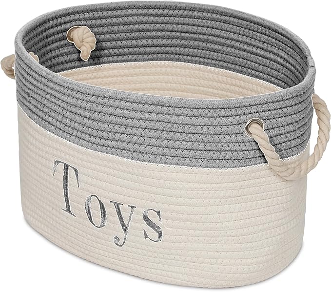 Embroidered Tote Bin - Storage Basket for Nursery - Large Storage Box - Organizing Bedroom, Closet, Classroom (White Toys Basket)-Ruum Studio Home