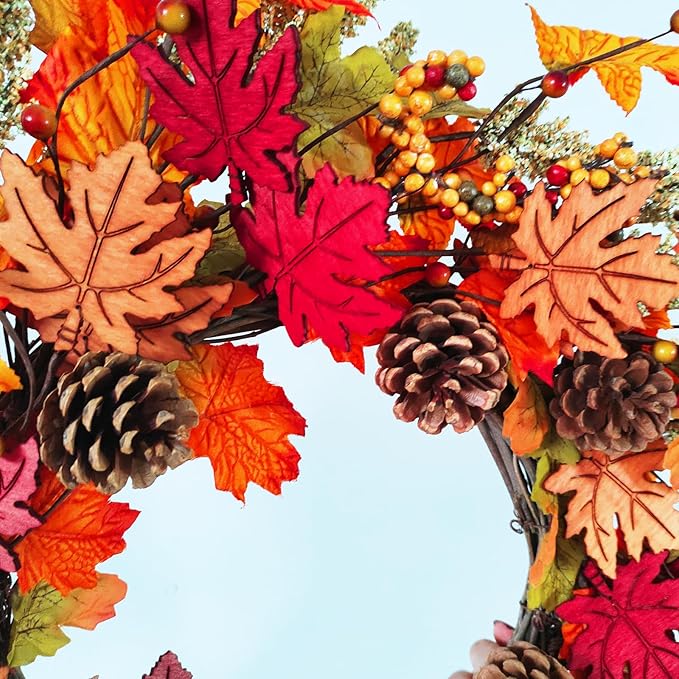 Fall Wreaths for Front Door, 24" Autumn Wreath with Berry Wood Maple Leaves and Pine Cones, Orange Thanksgiving Wreath for Outside Indoor Wall Window Home Festival Decor-Ruum Studio Home