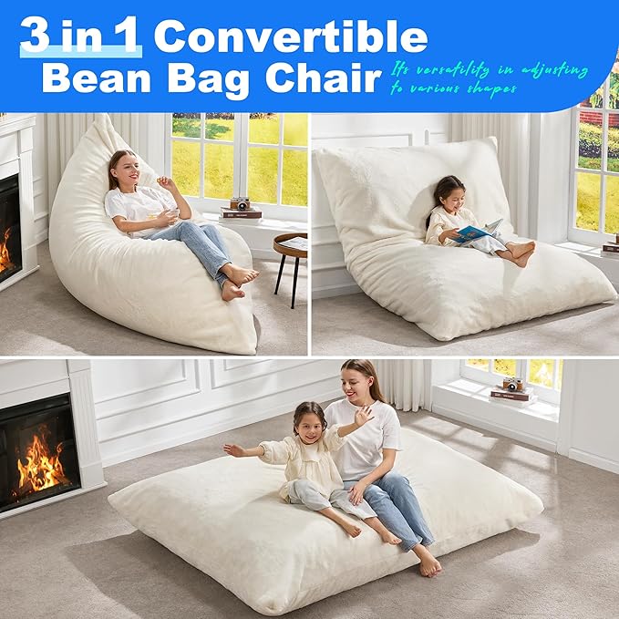 Hobestluk 3 in 1 Bean Bag Chair Giant Bean Bag Chairs for Adults with Plush Faux Fur Cover Convertible Bean Bag Floor Cushion with Machine Washable Cover for Living Room (Plush White)-Ruum Studio Home
