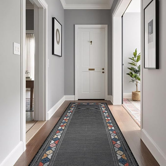 Beverly Rug Outdoor Runner Rug 2x7 Modern Floral Bordered Area Rugs for Indoor and Outdoor Patio Easy to Clean Non Shedding Living Room Porch Garden Washable Outside Carpet (2 x 7 Dark Gray)-Ruum Studio Home