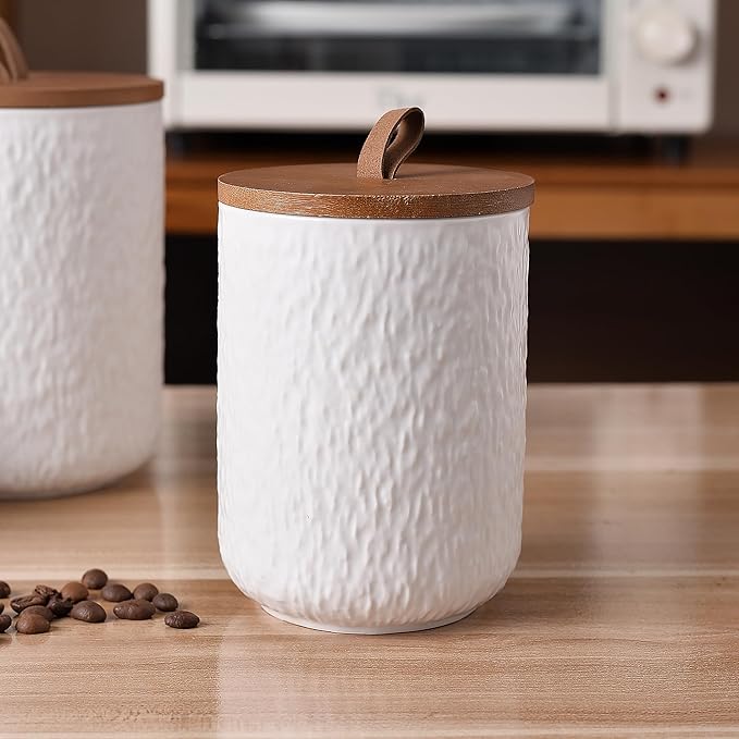 JOJUNO White Ceramic Canister Set with Wooden Lid, 3-Piece Airtight Food Storage Jars for Kitchen Counter - Flour, Sugar, Coffee, Tea, Spice - Small, Medium, Large Sizes - Stone Texture-Ruum Studio Home