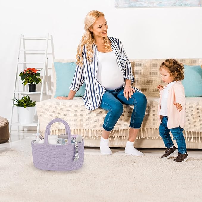 Baby Diaper Caddy Organizer Cotton Rope Nursery Storage Bin Basket Portable Holder Tote Bag for Changing Table Car Travel Baby Shower Gifts Newborn Essentials Registry Must Have Purple or Lavender-Ruum Studio Home