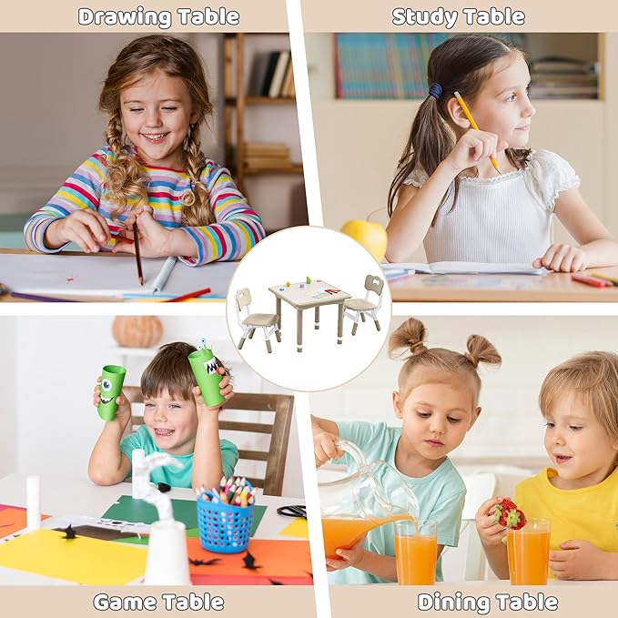 Kids Table and 2 Chairs Set, Height Adjustable (17.7"-26.1") Toddler Table and Chair Set, Multi-Activity Table with Graffiti Desktop, Children’s Table and Chairs for Classroom, Home & Daycare-Ruum Studio Home