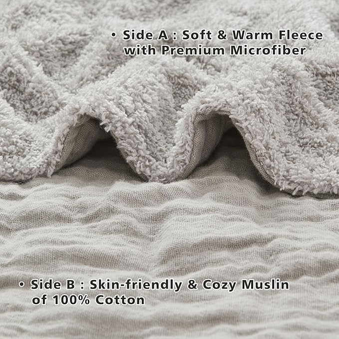 EMME Muslin and Fleece Queen Blanket Reversible - 80"*90" Grey Soft Warm Throw Blankets for Couch Bed Picnic Travel Bed-Ruum Studio Home