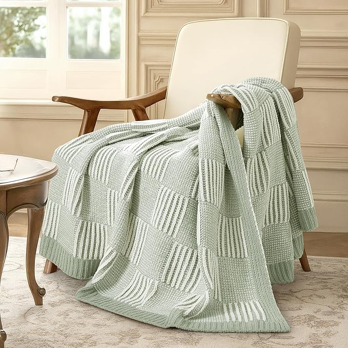 Amélie Home Chenille Knit Throw Blanket for Couch, Checkered Texture Decorative Soft Blanket for Sofa, Bed & Living Room, 50"x60", Sage Green & White-Ruum Studio Home