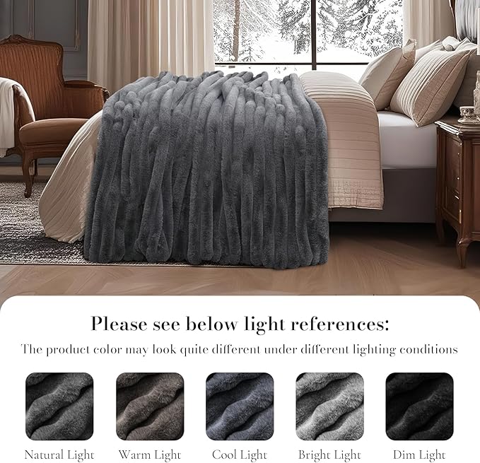 Amélie Home Faux Fur Throw Blanket for Couch, Ultra Cozy Fuzzy Fluffy Fur Luxurious Soft Striped Plush Gift Blankets for Family Sofa Chair Bed Living Room Bedroom, 60"x80", Ionic Wolf Gray-Ruum Studio Home