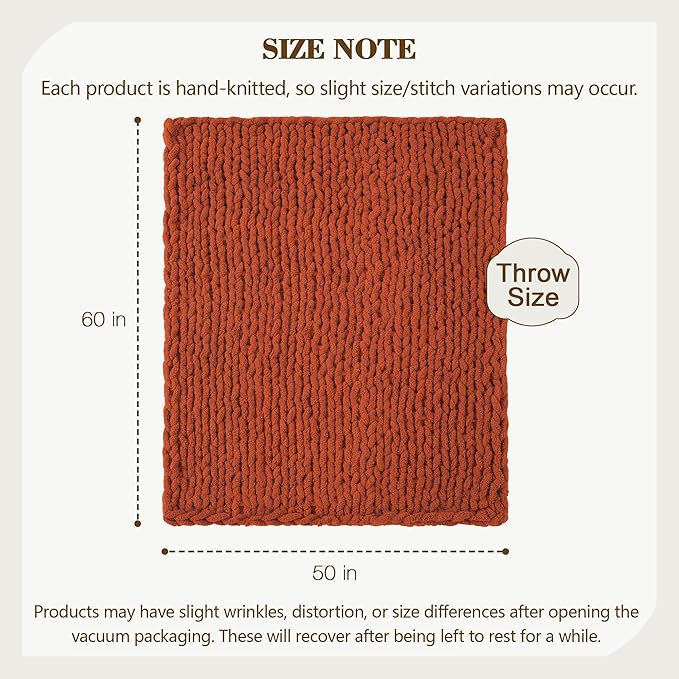 Carriediosa Chunky Knit Throw Blanket 50" X 60", 100% Hand Made Large Chenille Loop Yarn Soft Fluffy Throws for Couch Sofa Bed, Big Crochet Cozy Heavy Thick Cable Woven Blankets, Rust-Ruum Studio Home