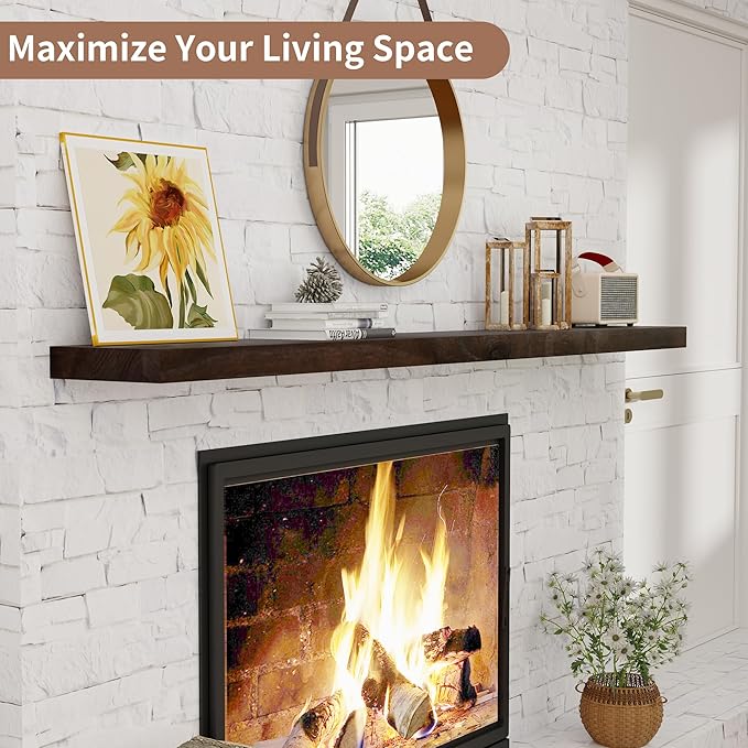 Axeman Floating Shelves for Wall, Rustic Elm Wood 72'' W x 8" D Wall Mantel Shelf with Invisible Bracket, Large Long Wall Mounted Storage Shelves for Living Room, Bedroom, Kitchen, Bathroom, Walnut-Ruum Studio Home