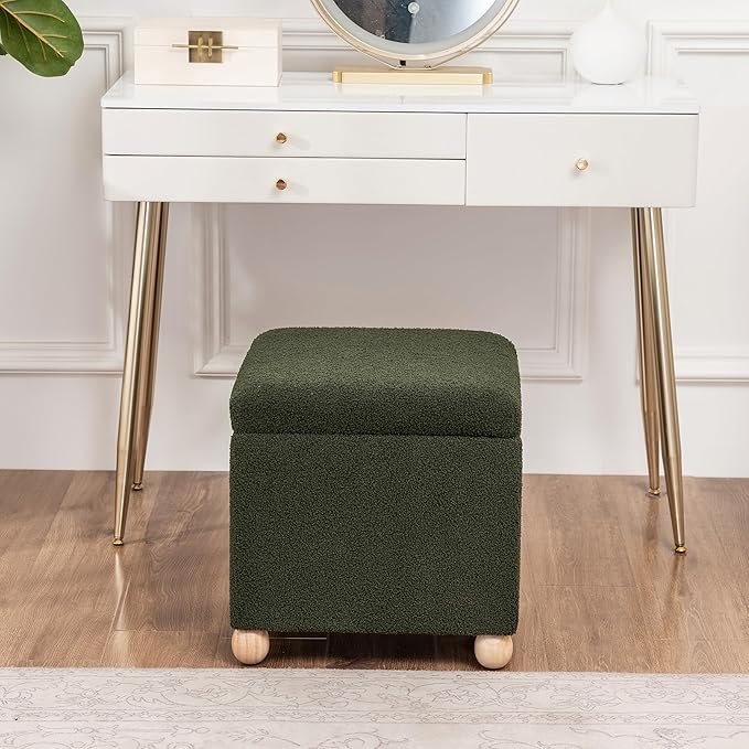 Adeco 17 Inch Soft Dark Green Cube Ottoman Storage, Teddy Velvet Chair Foot Stools, Upholstered Vanity Stool with Hinged Lid, Solid Round Wood Legs-Ruum Studio Home
