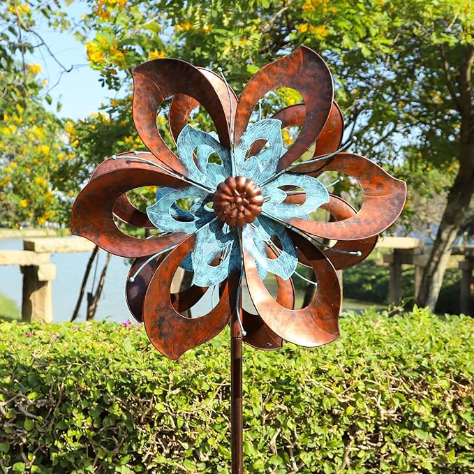 Garden Wind Spinner,Flower Wind Spinner,Outdoor Metal Wind Sculpture & Spinner Large 23 inch Dia 84 inch Height Kinetic Windmill for Garden Yard-Ruum Studio Home