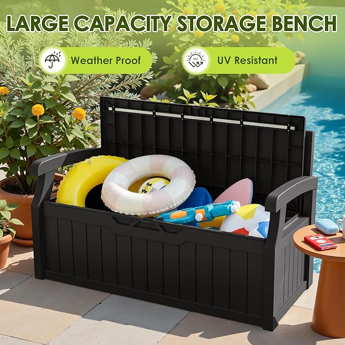Greesum 80 Gallon Outdoor Storage Bench, Resin Patio Furniture with Armrest,Waterproof and UV-Resistant, Perfect to Garden, Poolside and Lawn, Dark Black-Ruum Studio Home