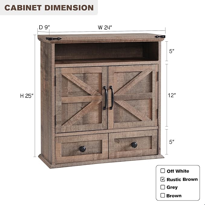 Bathroom Wall Cabinet, Farmhouse 24" Wide Medicine Cabinet with Drawer, Adjustable Shelf, Double Barn Doors, Storage Cabinets for Bathroom, Kitchen, Living Room, Rustic Brown-Ruum Studio Home
