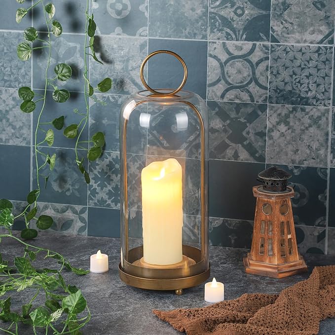 20" High Versatile Modern Metal Hurricane Lantern with Handmade Sturdy Glass Dome for Pillar Candle & Plants (Brass, 7.5"x20")-Ruum Studio Home