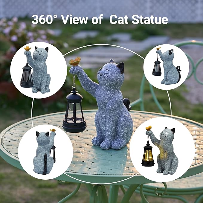 Solar Cat Garden Statue Outdoor Decor, Cat Sculpture with Lantern and Butterfly for Yard Lawn Patio Balcony, Birthday Housewarming Gifts for Mom, Grandma, Women, 9.4 inch, Resin-Ruum Studio Home