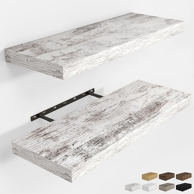 RICHFOCUS 31.5Inch Floating Shelves for Wall 2 Pack Shelves for Bedroom|Kitchen|Bathroom Wall Mounted Rustic Distressed Wood Floating Shelf with Invisible Brackets for Books|Storage|Decor, Rustic-Ruum Studio Home