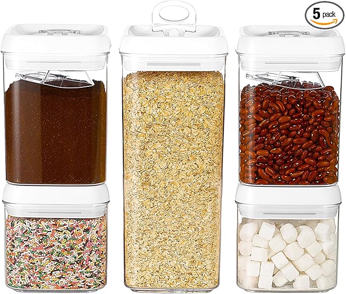 Felli Flip Tite Food Storage Container 5" LARGE 5pk Set + No Residue Label, Airtight Lid Easy Lock Top Stackable, Plastic Canister Jar for Pantry Kitchen Fridge Organizer Pasta Protein Powder Spice-Ruum Studio Home