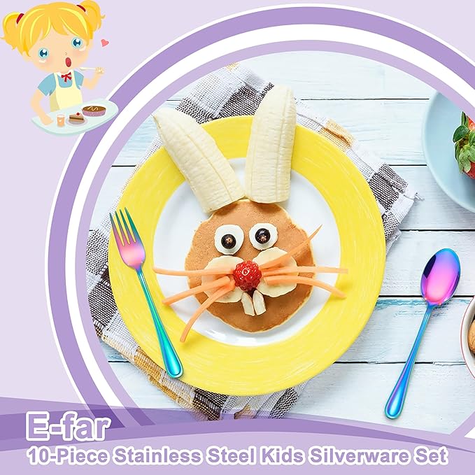 E-far 10-Piece Rainbow Toddler Utensils, Kid Stainless Steel Silverware Set, Children Safe Forks and Spoons Set for Self Feeding, Healthy & Non-Toxic, Mirror Polished & Easy to Clean-Ruum Studio Home
