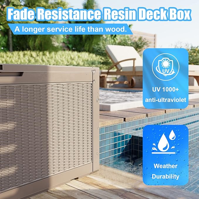 DRATO 260 Gallon Deck Box, Outdoor Large Waterproof Resin Storage Box with Lockable Lid for Patio Cushions, Gardening Tools, Sports Equipment, Light Brown-Ruum Studio Home