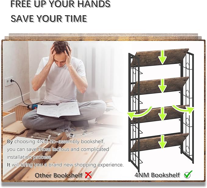 4NM No Assembly 4 Tiers Folding Bookshelf, 47.2" H Foldable Storage Shelves Vintage Bookcase Standing Racks Study Organizer Home Office - Rustic Brown Black-Ruum Studio Home