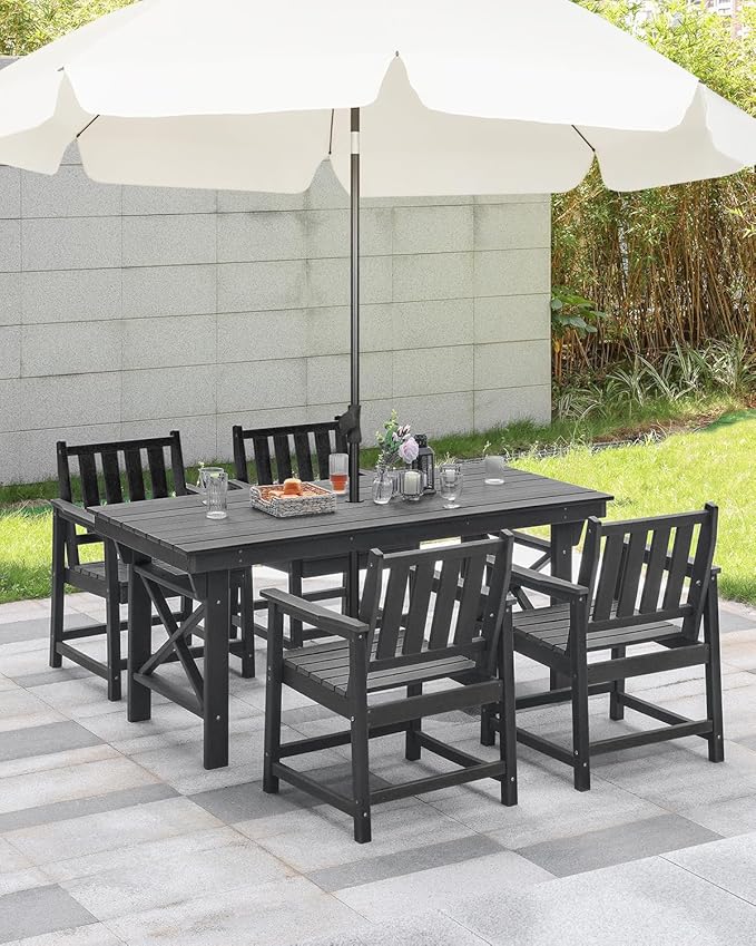 HDPE Patio Dining Set, 5-Piece Outdoor Table and Chairs with Umbrella Hole, Modern Outdoor Dining Set for 4, HDPE Outdoor Patio Furniture Dining Sets for Deck, Poolside, Porch, Obsidian-Ruum Studio Home
