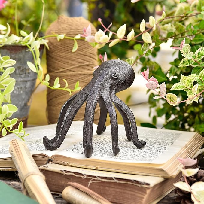 Sungmor Cast Iron Octopus Statue, Decorative Bookend, Cute Sculpture on Bookshelf or Desk, Creative Cell Phone Holder, Octopus Stand for Tablet, Black Brown-Ruum Studio Home