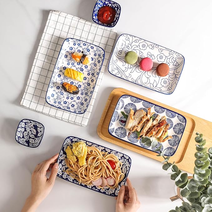 Selamica Ceramic Rectangular Salad Plates Set, Dinner Plate 9.4 Inch Dessert Plates for Party Entertaining, Small Serving Plates for Appetizers, Sushi, Fruit, Set of 4, Vintage Blue-Ruum Studio Home