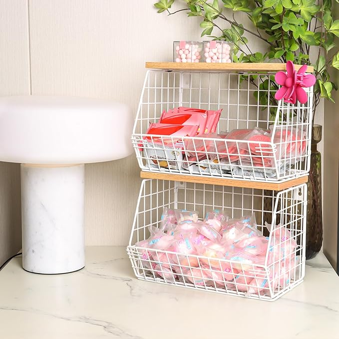 Fruit Basket, 2-Tier Fruit Bowl for Kitchen Counter, Stackable Wall Mounted Fruit Storage, Snack Organizer, Potato and Onion Storage Basket, Hanging Pantry Storage with Wood Lid, 2 Set, White-Ruum Studio Home