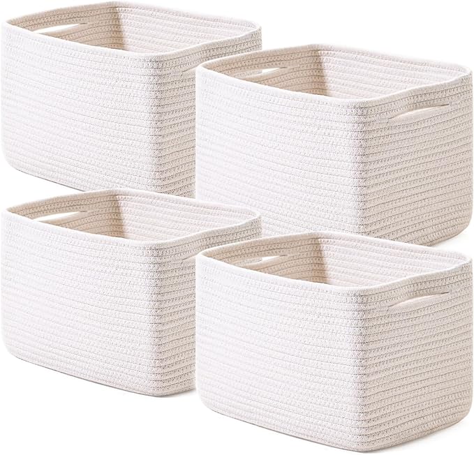 Storage Baskets for Organizing, Woven Basket for Storage, Storage Baskets Bin for Shelves, Cotton Rope Basket with Handles, 12.5"Lx9.1"Wx7.9"H, (4 Packs) Off White-Ruum Studio Home