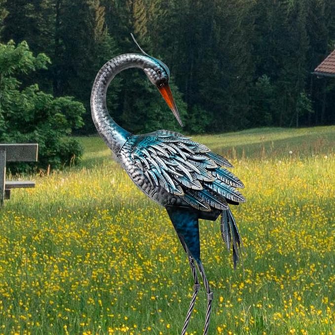 37 Inch Blue Heron Crane Statue, Metal Yard Art Outdoor Decoy, Garden Sculpture for Lawn/Pond Decoration, 1Pc, ORTBL-CR24053A-18-Ruum Studio Home