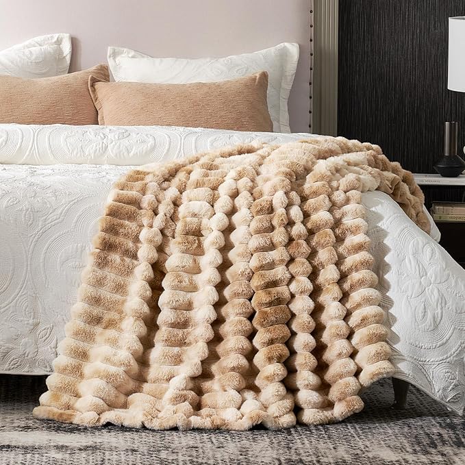 Cozy Bliss Faux Fur Throw Blanket for Couch, Cozy Warm Plush Striped Blanket for Sofa Bedroom Living Room, 50 * 60 Inches Tie-dye Kahki-Ruum Studio Home