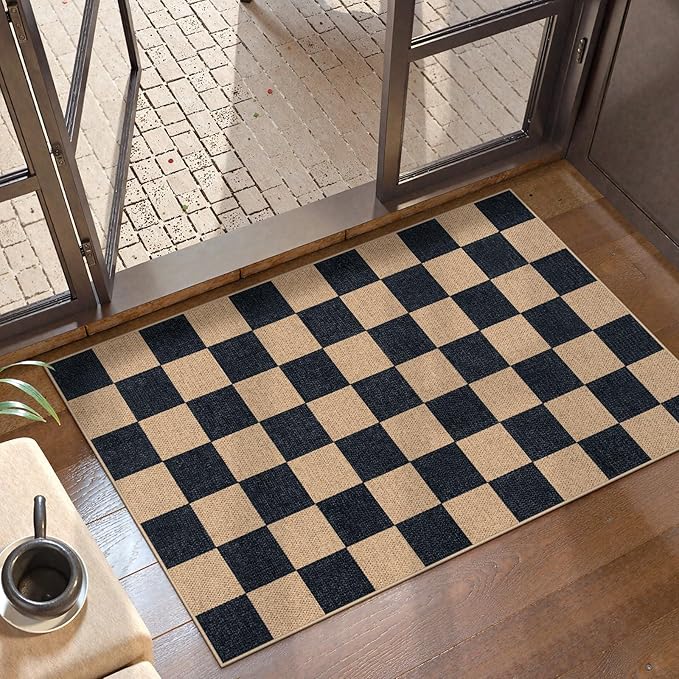Lahome Checkered Easy Jute 2x3 Rug, Small Entryway Rug Non Slip Kitchen Front Door Mat, Farmhouse Neutral Area Rug Non Shedding Low Pile Floor Carpet for Foyer Porch Doorway-Ruum Studio Home