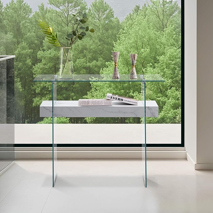 ivinta Glass Entry Table with Storage, 39.4" Modern Console Table for Living Room, Foyer, Hallway, Bedroom 5101 (White)-Ruum Studio Home