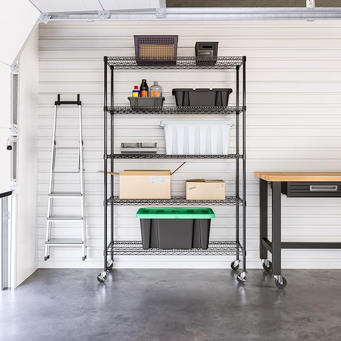 Seville Classics UltraDurable Heavy Duty NSF Solid Steel Wire Rack Storage Unit, Organizer for Garage, Warehouse, Office, Restaurant, Classroom, Kitchen, Black, 5-Tier Shelving, 48" W x 18" D-Ruum Studio Home