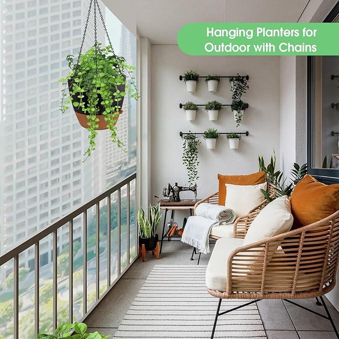 Hanging Planters for Indoor Outdoor Plants, 2 Pack Self Watering Hanging Pot with Drainage Holes, Removable Tray & 2 Kinds of Plant Hangers, 10'' Hanging Flower Pots for Home Garden Decor, Black-Ruum Studio Home