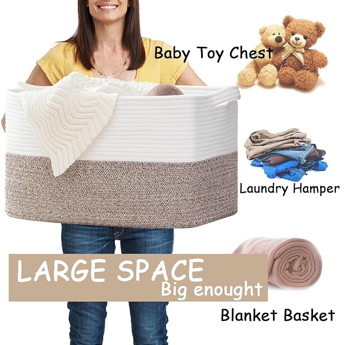 COMFY-HOMI Large Laundry for Organizing|Rectangle Cotton Rope Storage with Handles|Blanket for Living Room|Woven Laundry for Towels, Toys, Clothes-22x15x12”-White/Brown-Ruum Studio Home
