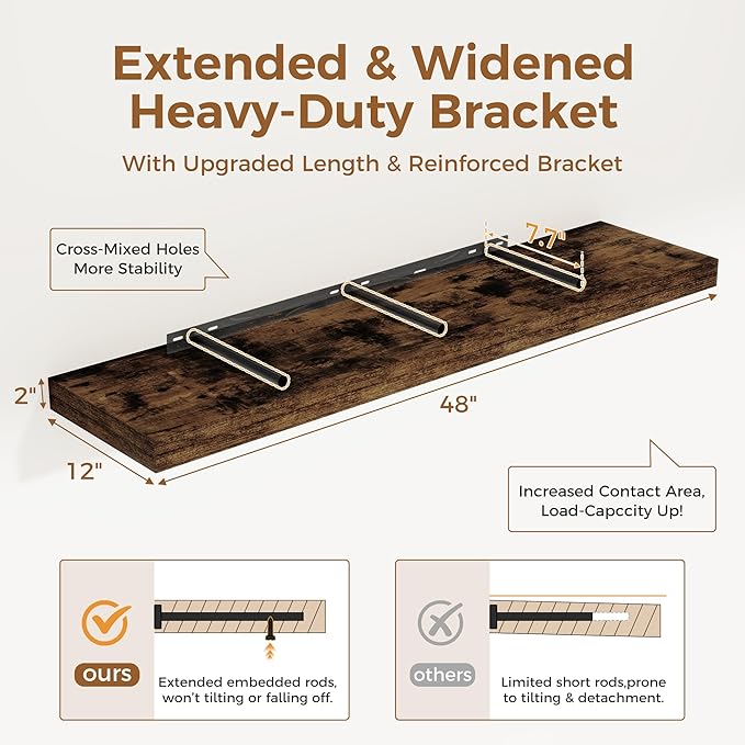 Floating Shelves 48 Inch Long, 12 Inch Deep Floating Shelves for Wall, 48 x 12 Large Wall Shelves for Home Storage & Display, 2" Thicked Floating Shelf for Bedroom, Living Room, Rustic Brown, 1 Pack-Ruum Studio Home