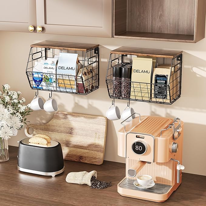 Delamu 2-Pack Stackable Metal Fruit Basket with Wood Lid-Wall Mounted & Countertop Organizer for Kitchen,Pantry- Ventilated Storage for Onions,Potatoes,Fruits,Spices (12"x 8"x 8-5/16")-Ruum Studio Home